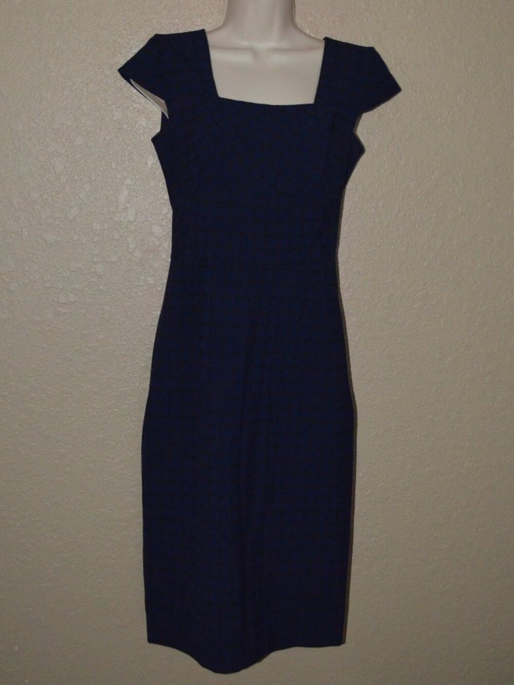NWOT Sz 6/8 Roland Mouret Navy Black Checkered Cap Sleeve Midi Sheath Dress